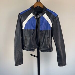 Love Star Womens Faux Leather Moto Jacket Colorblock Blue Black White Size M